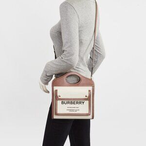 Burberry Brown/White Leather/Canvas Topstitch Pocket Mini Tote Bag